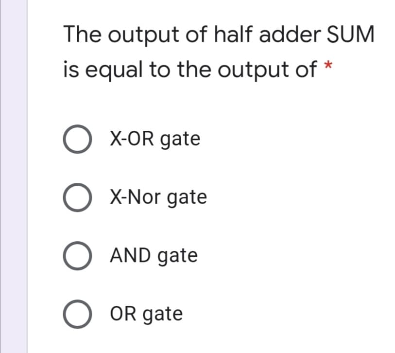 he output of half adder SUM
is equal to the output of *
X-OR gate
