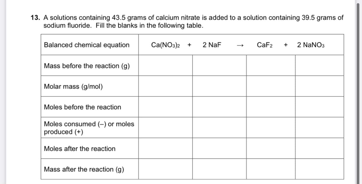 13. A solutions containing 43.5 grams of calcium nitrate is added to a solution containing 39.5 grams of
sodium fluoride. Fill the blanks in the following table.
Balanced chemical equation
Ca(NO3)2 +
2 NaF
CaF2
2 NANO3
+
Mass before the reaction (g)
Molar mass (g/mol)
Moles before the reaction
Moles consumed (-) or moles
produced (+)
Moles after the reaction
Mass after the reaction (g)
