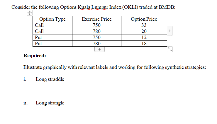 Consider the following Options Kuala Lumpur Index (OKLI) traded at BMDB:
Option Type
Option Price
33
20
12
18
Call
Call
ii.
Put
Put
Exercise Price
750
780
Required:
Illustrate graphically with relevant labels and working for following synthetic strategies:
i. Long straddle
Long strangle
750
780
+