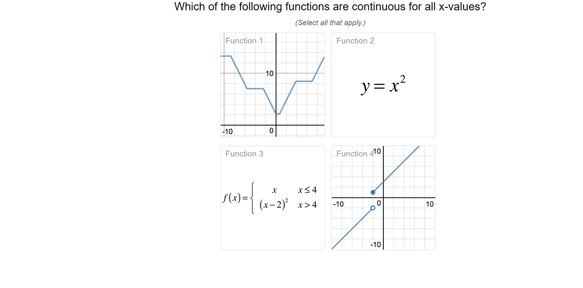 Which of the following functions are continuous for all x-values?
(Select all that apply.)
Function 1
-10
Function 3
-10-
5(x)= {(x-2)
Function 2
y=x²
Function 410
F
0
10
-10
x≤4
(x−2)² x>4 -10