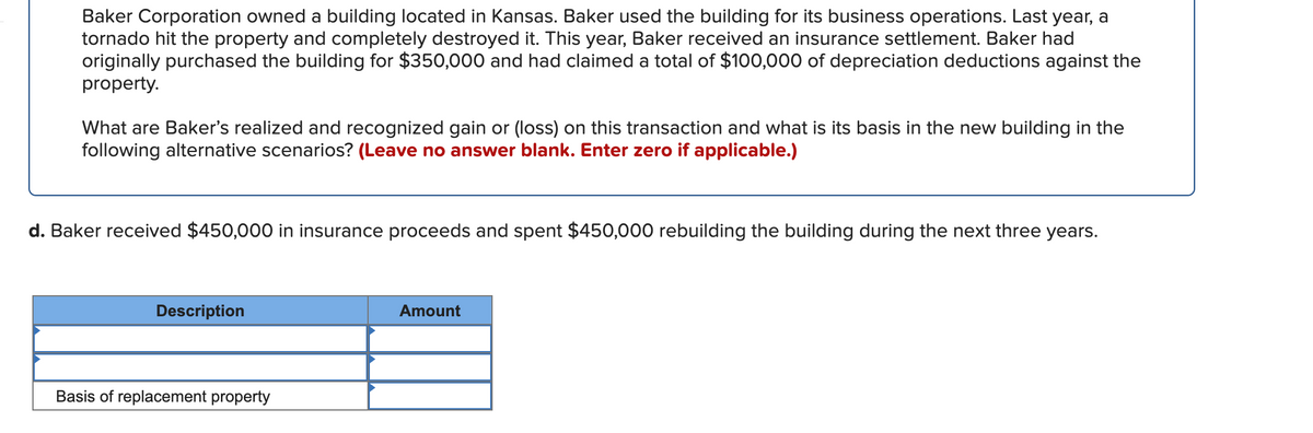 Baker Corporation owned a building located in Kansas. Baker used the building for its business operations. Last year, a
tornado hit the property and completely destroyed it. This year, Baker received an insurance settlement. Baker had
originally purchased the building for $350,000 and had claimed a total of $100,000 of depreciation deductions against the
property.
What are Baker's realized and recognized gain or (loss) on this transaction and what is its basis in the new building in the
following alternative scenarios? (Leave no answer blank. Enter zero if applicable.)
d. Baker received $450,000 in insurance proceeds and spent $450,000 rebuilding the building during the next three years.
Description
Amount
Basis of replacement property
