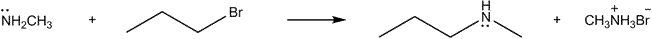 ### Chemical Reaction: Amination of Bromoalkane

#### Reaction Equation:

\[ \text{NH}_2\text{CH}_3 + \text{C}_4\text{H}_9\text{Br} \rightarrow \text{C}_4\text{H}_9\text{NH}\text{CH}_3 + \text{CH}_3\text{NH}_3\text{Br} \]

#### Description:

This reaction illustrates a nucleophilic substitution reaction where a methylamine (NH₂CH₃) reacts with bromobutane (C₄H₉Br) to form butylmethylamine (C₄H₉NHCH₃) and methylammonium bromide (CH₃NH₃Br).

- **Reactants:**
  - **Methylamine (NH₂CH₃):** This compound contains an amino group which acts as a nucleophile.
  - **Bromobutane (C₄H₉Br):** This compound contains a bromine atom attached to a butyl group, making it a good leaving group.

- **Products:**
  - **Butylmethylamine (C₄H₉NHCH₃):** This is formed by replacing the bromine atom in bromobutane with the amino group from methylamine.
  - **Methylammonium bromide (CH₃NH₃Br):** This is a salt formed during the reaction where the methylamine gains a proton to form the ammonium ion, and bromide acts as the counterion.

#### Mechanism:

1. **Nucleophilic Attack:** The nitrogen atom in methylamine, possessing a lone pair of electrons, attacks the carbon atom bonded to the bromine in bromobutane. This carbon is electrophilic due to the electron-withdrawing effect of the bromine.
2. **Leaving Group Departure:** The bromine atom, being a good leaving group, detaches from the carbon atom, resulting in the formation of the new carbon-nitrogen bond.
3. **Formation of Methylammonium Salt:** During the reaction, a proton transfer occurs, resulting in the formation of the methylammonium ion (CH₃NH₃⁺) and the bromide ion (Br⁻), which combine to form methylammonium bromide (CH₃NH₃Br).

####