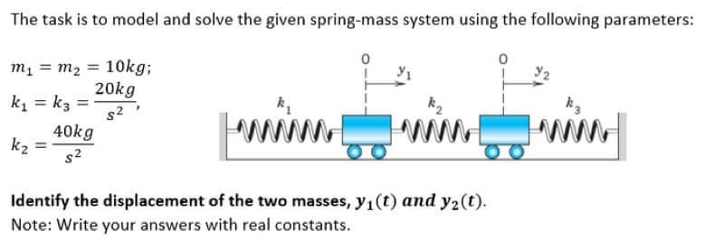 The task is to model and solve the given spring-mass system using the following parameters:
m₁ = m₂ = 10kg;
y1
20kg
k₁ = k3
k₂
k3
=
s²
www.
k₂ =
40kg
5²
Identify the displacement of the two masses, y₁ (t) and y2 (t).
Note: Write your answers with real constants.