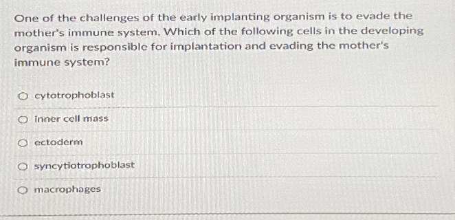 One of the challenges of the early implanting organism is to evade the
mother's immune system. Which of the following cells in the developing
organism is responsible for implantation and evading the mother's
immune system?
O cytotrophoblast
O inner cell mass
O ectoderm
syncytiotrophoblast
O macrophages
