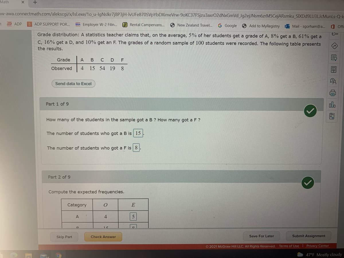 Math
w-awa.connectmath.com/alekscgi/x/Isl.exe/1o_u-lgNslkr7j8P3jH-lvUFe870SVpYbDXimeVrw-9oKC37FSjzu3axrO2dNxGmVd Jg2ejJNsm6zrM5CejARsmku SIXDd9LU3LJcMunLs-Q-k
O ADP
B ADP SUPPORT POR.
SSA Employer W-2 Filin..
Rental Campervans.
O New Zealand Travel.
G Google
9 Add to MyRegistry Mail - sgorham@a...
O Ofi
Grade distribution: A statistics teacher claims that, on the average, 5% of her students get a grade of A, 8% get a B, 61% get a
C, 16% get a D, and 10% get an F. The grades of a random sample of 100 students were recorded. The following table presents
the results.
Grade
C D F
Observed
15 54 19 8
Send data to Excel
Part 1 of 9
How many of the students in the sample got a B ? How many got a F ?
The number of students who gọt a B is 15
The number of students who got a F is 8
Part 2 of 9
Compute the expected frequencies.
Category
E
A
4
D]
15
Lo
Skip Part
Check Answer
Save For Later
Submit Assignment
O 2021 McGraw Hill LLC. All Rights Reserved. Terms of UseI Privacy Center
O 47°F Mostly cloudy
口S O 国G@
