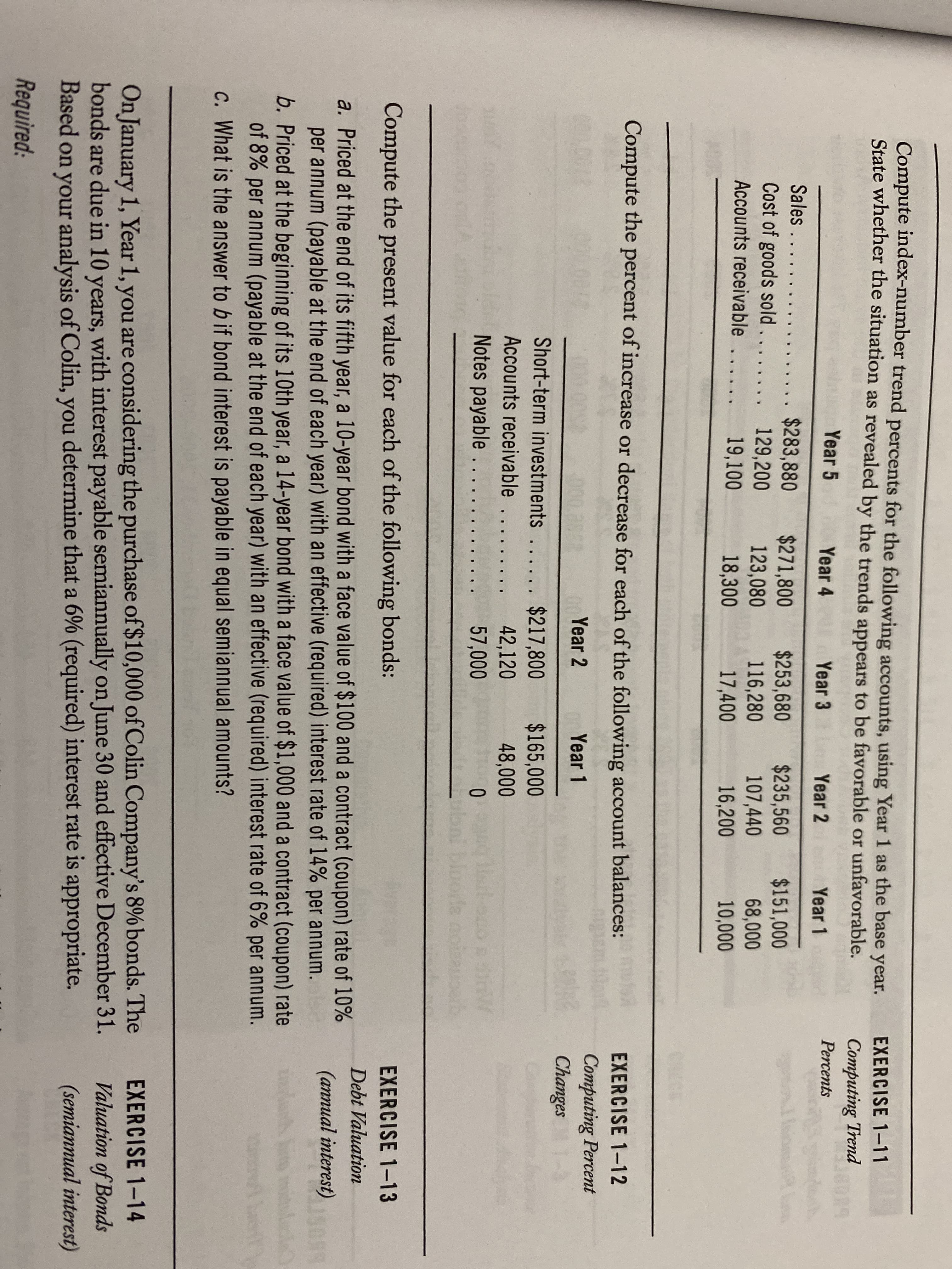 Compute index-number trend percents for the following accounts, using Year 1 as the base year.
State whether the situation as revealed by the trends appears to be favorable or unfavorable.
EXERCISE 1-11
Computing Trend
Year 5
Year 4
Year 3
Year 2
Year 1
Percents
Sales......
$283,880
129,200
19,100
$271,800
123,080
18,300
$253,680
116,280
17,400
$235,560
$151,000
68,000
10,000
Cost of goods sold...
107,440
16,200
Accounts receivable
CRECK
Compute the percent of increase or decrease for each of the following account balances:
EXERCISE 1-12
Year 2
Year 1
Computing Percent
Changes
1-3
Short-term investments ...... $217,800
Accounts receivable ....
Notes payable ....
$165,000
42,120
57,000
48,000
Compute the present value for each of the following bonds:
EXERCISE 1-13
Debt Valuation
a. Priced at the end of its fifth year, a 10-year bond with a face value of $100 and a contract (coupon) rate of 10%
per annum (payable at the end of each year) with an effective (required) interest rate of 14% per annum.
b. Priced at the beginning of its 10th year, a 14-year bond with a face value of $1,000 and a contract (coupon) rate
of 8% per annum (payable at the end of each year) with an effective (required) interest rate of 6% per annum.
c. What is the answer to b if bond interest is payable in equal semiannual amounts?
(annual interest)
On January 1, Year 1, you are considering the purchase of $10,000 of Colin Company's 8% bonds. The
bonds are due in 10 years, with interest payable semiannually on June 30 and effective December 31.
Based on your analysis of Colin, you determine that a 6% (required) interest rate is appropriate.
EXERCISE 1-14
Valuation of Bonds
(semiannual interest)
Required:
