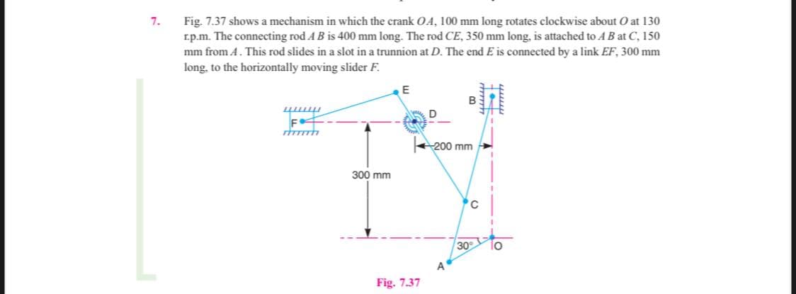 Fig. 7.37 shows a mechanism in which the crank OA, 100 mm long rotates clockwise about O at 130
r.p.m. The connecting rod A B is 400 mm long. The rod CE, 350 mm long, is attached to A B at C, 150
mm from A. This rod slides in a slot in a trunnion at D. The end E is connected by a link EF, 300 mm
long, to the horizontally moving slider F.
7.
E
B
200 mm
300 mm
'C
30
lo
A
Fig. 7.37
