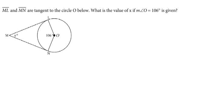 ML and MN are tangent to the circle O below. What is the value of x if mZO = 106° is given?
1060
