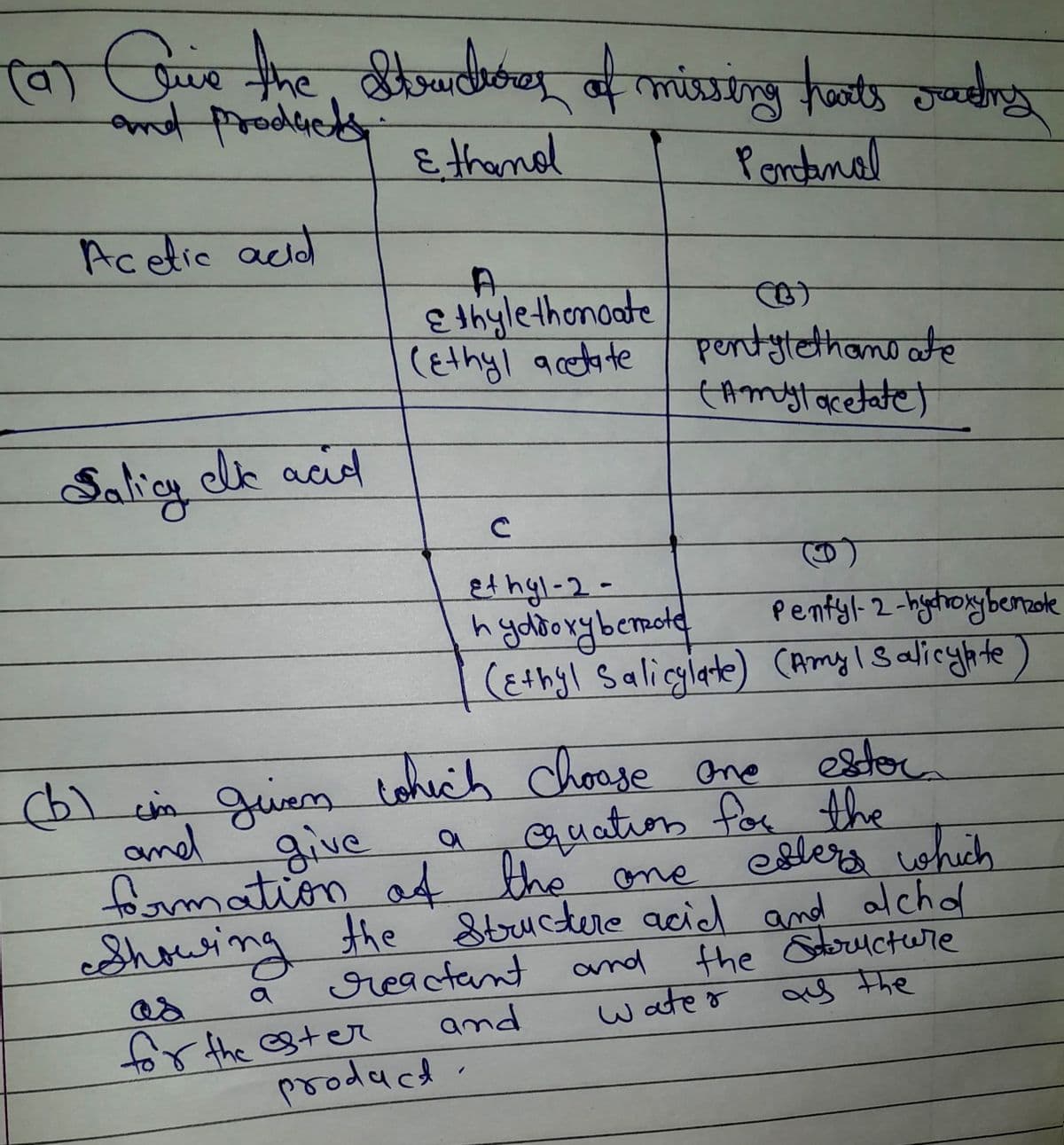 ca
Car Quie the Strandtones of missing heats week
G
ние
and products
rading
& thandl
Pontanal
Acetic acid
Salicy elkc acid
A
Ethylethanoate
(ethyl acetate
for the ester
(b) im given which choose one
and
a
give
formation of the one
Showing the
с
ethyl-2-
hydroxybenzote
(Ethyl Salicylate) (Amy I salicylate
(B)
pentylethane ate
(Amyl acetate)
reactant and
and
1
product.
Pentyl-2-hydroxybenzote
equation for the
Structure acid and alchol
estor
water
coders which
the Structure
as the