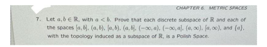 CHAPTER 6. METRIC SPACES
7. Let a, b E R, with a < b. Prove that each discrete subspace of R and each of
the spaces [a, b]. (a, b). [a,b). (a,b], (-∞, a). (-∞, a], (a, oo), [a, ∞o), and {a},
with the topology induced as a subspace of R, is a Polish Space.