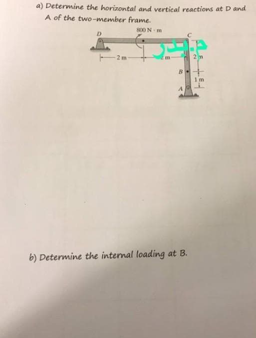 a) Determine the horizontal and vertical reactions at D and
A of the two-member frame.
800 N*m
D
2 m
2m
1m
m
B
A
b) Determine the internal loading at B.