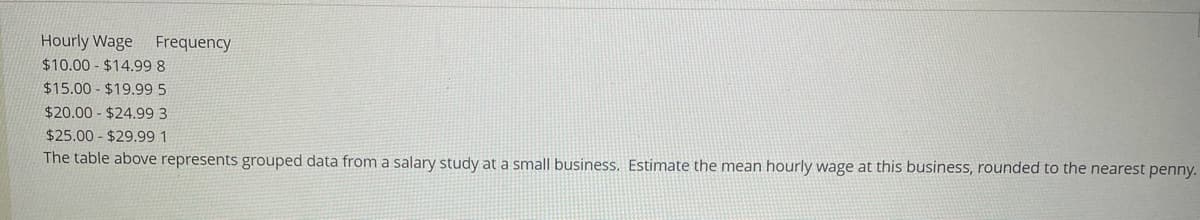 Hourly Wage
Frequency
$10.00 $14.99 8
$15.00 $19.99 5
$20.00 $24.99 3
$25.00 $29.99 1
The table above represents grouped data from a salary study at a small business. Estimate the mean hourly wage at this business, rounded to the nearest penny.
