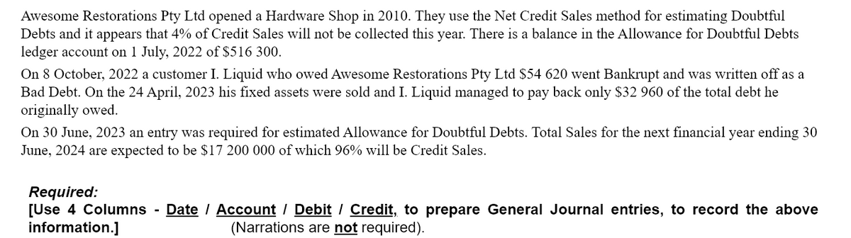 Awesome Restorations Pty Ltd opened a Hardware Shop in 2010. They use the Net Credit Sales method for estimating Doubtful
Debts and it appears that 4% of Credit Sales will not be collected this year. There is a balance in the Allowance for Doubtful Debts
ledger account on 1 July, 2022 of $516 300.
On 8 October, 2022 a customer I. Liquid who owed Awesome Restorations Pty Ltd $54 620 went Bankrupt and was written off as a
Bad Debt. On the 24 April, 2023 his fixed assets were sold and I. Liquid managed to pay back only $32 960 of the total debt he
originally owed.
On 30 June, 2023 an entry was required for estimated Allowance for Doubtful Debts. Total Sales for the next financial year ending 30
June, 2024 are expected to be $17 200 000 of which 96% will be Credit Sales.
Required:
Date / Account / Debit / Credit, to prepare General Journal entries, to record the above
[Use 4 Columns -
information.]
(Narrations are not required).