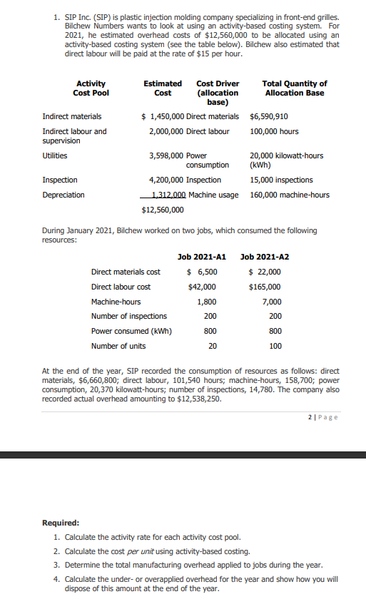 1. SIP Inc. (SIP) is plastic injection molding company specializing in front-end grilles.
Bilchew Numbers wants to look at using an activity-based costing system. For
2021, he estimated overhead costs of $12,560,000 to be allocated using an
activity-based costing system (see the table below). Bilchew also estimated that
direct labour will be paid at the rate of $15 per hour.
Cost Driver
Activity
Cost Pool
Estimated
Cost
Total Quantity of
Allocation Base
(allocation
base)
Indirect materials
$ 1,450,000 Direct materials
$6,590,910
Indirect labour and
2,000,000 Direct labour
100,000 hours
supervision
Utilities
3,598,000 Power
20,000 kilowatt-hours
(kWh)
consumption
Inspection
4,200,000 Inspection
15,000 inspections
Depreciation
1,312,000 Machine usage
160,000 machine-hours
$12,560,000
During January 2021, Bilchew worked on two jobs, which consumed the following
resources:
Job 2021-A1
Job 2021-A2
Direct materials cost
$ 6,500
$ 22,000
Direct labour cost
$42,000
$165,000
Machine-hours
1,800
7,000
Number of inspections
200
200
Power consumed (kWh)
800
800
Number of units
20
100
At the end of the year, SIP recorded the consumption of resources as follows: direct
materials, $6,660,800; direct labour, 101,540 hours; machine-hours, 158,700; power
consumption, 20,370 kilowatt-hours; number of inspections, 14,780. The company also
recorded actual overhead amounting to $12,538,250.
2 | Page
Required:
1. Calculate the activity rate for each activity cost pool.
2. Calculate the cost per unit using activity-based costing.
3. Determine the total manufacturing overhead applied to jobs during the year.
4. Calculate the under- or overapplied overhead for the year and show how you will
dispose of this amount at the end of the year.