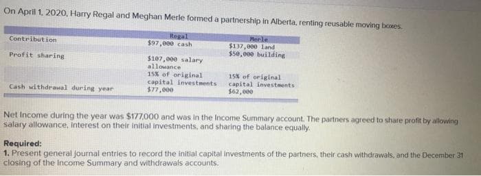 On April 1, 2020, Harry Regal and Meghan Merle formed a partnership in Alberta, renting reusable moving boxes.
Contribution
Regal
$97,000 cash
Merle
$137,000 land
$50,000 building
Profit sharing
$107,000 salary
allowance
15% of original
capital investments
$77,000
15% of original
capital investments
$62,000
Cash withdrawal during year
Net Income during the year was $177,000 and was in the Income Summary account. The partners agreed to share profit by allowing
salary allowance, interest on their initial investments, and sharing the balance equally.
Required:
1. Present general journal entries to record the initial capital investments of the partners, their cash withdrawals, and the December 31
closing of the Income Summary and withdrawals accounts.