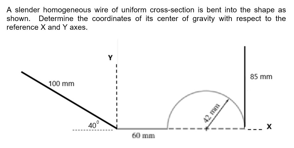 A slender homogeneous wire of uniform cross-section is bent into the shape as
shown. Determine the coordinates of its center of gravity with respect to the
reference X and Y axes.
Y
100 mm
85 mm
40°
60 mm
