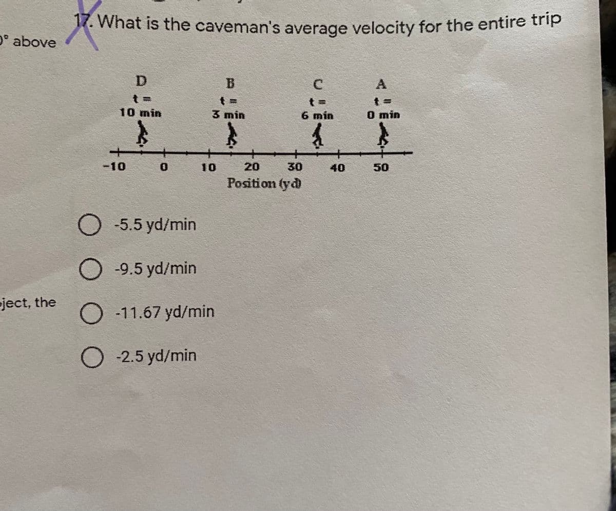 .What is the caveman's average velocity for the entire trip
0° above
B
t%3D
10 min
3 min
6 min
O min
-10
0.
10
20
30
40
50
Position (yd
O -5.5 yd/min
O -9.5 yd/min
ject, the
O -11.67 yd/min
O-2.5 yd/min
