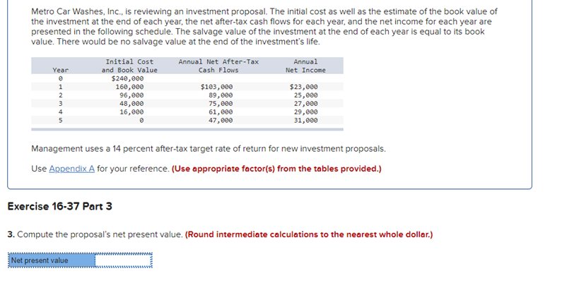 Metro Car Washes, Inc., is reviewing an investment proposal. The initial cost as well as the estimate of the book value of
the investment at the end of each year, the net after-tax cash flows for each year, and the net income for each year are
presented in the following schedule. The salvage value of the investment at the end of each year is equal to its book
value. There would be no salvage value at the end of the investment's life.
Year
0
1
2
3
Initial Cost
and Book Value
$240,000
160,000
96,000
48,000
16,000
Annual Net After-Tax
Cash Flows
Exercise 16-37 Part 3
$103,000
89,000
75,000
61,000
47,000
Annual
Net Income
$23,000
25,000
27,000
29,000
31,000
Management uses a 14 percent after-tax target rate of return for new investment proposals.
Use Appendix A for your reference. (Use appropriate factor(s) from the tables provided.)
3. Compute the proposal's net present value. (Round intermediate calculations to the nearest whole dollar.)
Net present value