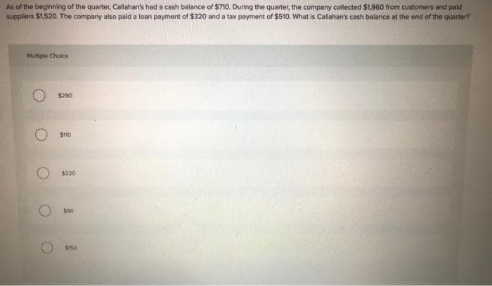 As of the beginning of the quarter, Callahan's had a cash balance of $710. During the quarter, the company collected $1,860 from customers and paid
suppliers $1,520. The company also paid a loan payment of $320 and a tax payment of $510. What is Callahan's cash balance at the end of the quarter?
Multiple Choice
O
O
$290
$110
$220
$90
$150