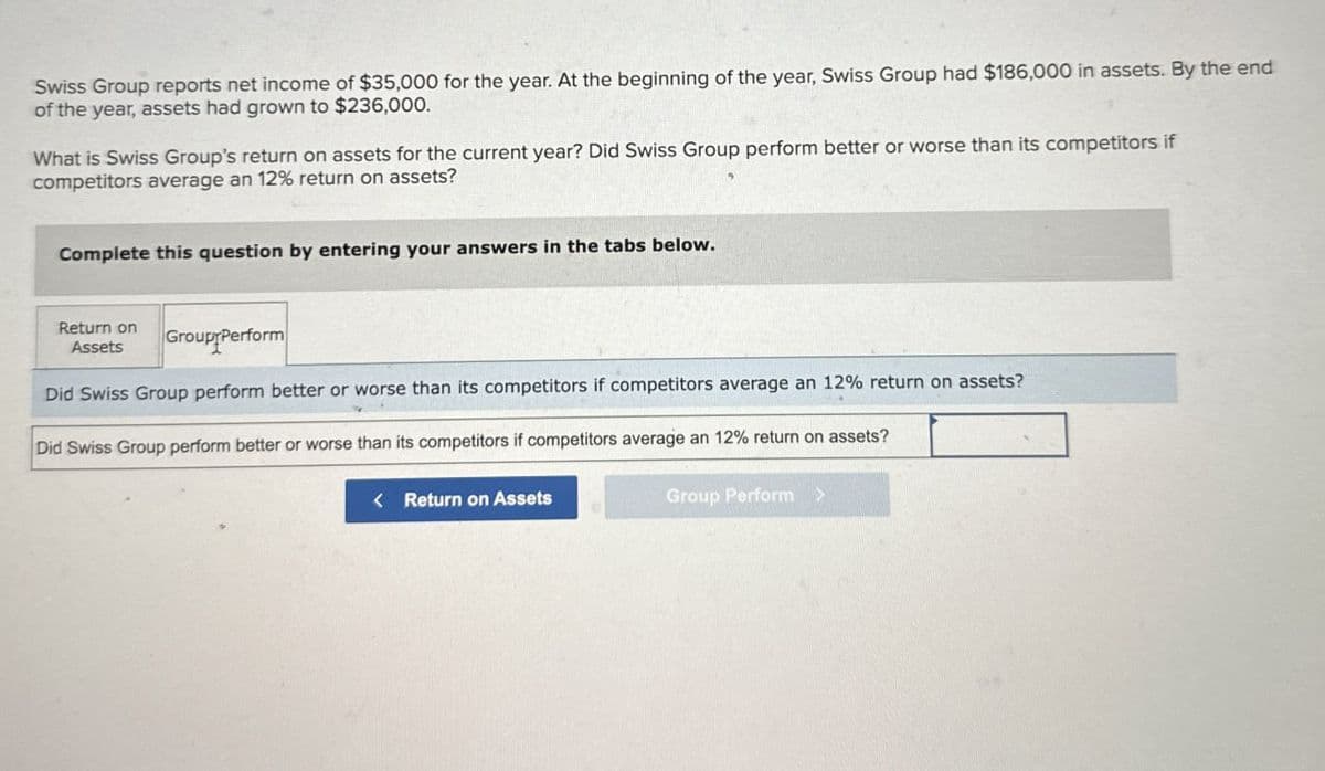 Swiss Group reports net income of $35,000 for the year. At the beginning of the year, Swiss Group had $186,000 in assets. By the end
of the year, assets had grown to $236,000.
What is Swiss Group's return on assets for the current year? Did Swiss Group perform better or worse than its competitors if
competitors average an 12% return on assets?
Complete this question by entering your answers in the tabs below.
Return on
Assets
Group Perform
Did Swiss Group perform better or worse than its competitors if competitors average an 12% return on assets?
Did Swiss Group perform better or worse than its competitors if competitors average an 12% return on assets?
< Return on Assets
Group Perform >