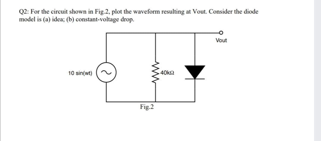 Q2: For the circuit shown in Fig.2, plot the waveform resulting at Vout. Consider the diode
model is (a) idea; (b) constant-voltage drop.
Vout
10 sin(wt)
Fig.2
