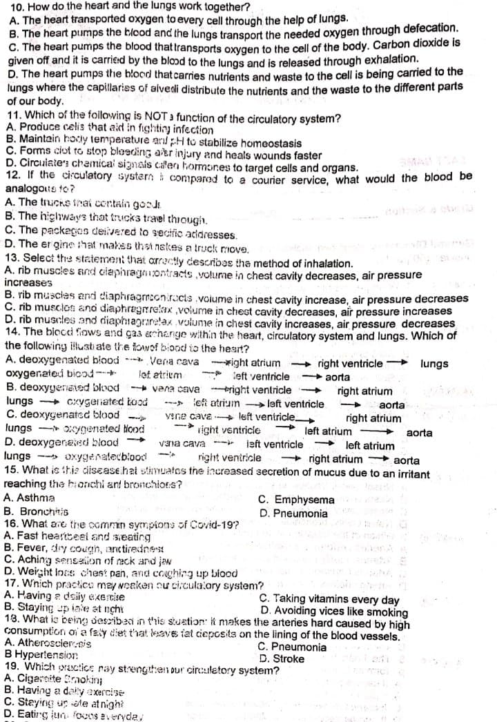 10. How do the heart and the lungs work together?
A. The heart transported oxygen to every cell through the help of lungs.
B. The heart pumps the blood and the lungs transport the needed oxygen through defecation.
C. The heart pumps the blood that transports oxvgen to the cell of the body. Carbon dioxide is
given off and it is carried by the blood to the lungs and is released through exhalation.
D. The heart pumps the blood that carries nutrients and waste to the cell is being carried to the
lungs where the capillaries of aivedi distribute the nutrients and the waste to the different parts
of our body.
11. Which of the following is NOT a function of the circulatory system?
A. Produce celis that aid in fighting infection
B. Maintain hocly temperature and pH to stabilize homeostasis
C. Forms ciot to stop bleeding aer injury and heals wounds faster
D. Circuiate's chamica signais calen hormones to target cells and organs.
12. If the circulatory systern i compared to a courier service, what would the blood be
analogous to?
A. The trucks irai contain good
B. The nigliways that trucks travel thiough.
C. The packagos deivered to secific acidresses.
D. The er gine that makss that nakes a truck move.
13. Select the statement that arrectly describes the method of inhalation.
A. rib muscies and ciaphragontracts volume in chest cavity decreases, air pressure
increases
MASA
ebe
B. rib muscies and diaphragmconirocts.volume in chest cavity increase, air pressure decreases
C. rib musclos and diaphragrelax volume in chest cavity decreases, air pressure increases
D. rib
uscles and diaphiagrarelax vulume in chest cavity increases, air pressure decreases
14. The biccd fiows and gas ecrhange within the heart, circulatory system and lungs. Which of
the following illusti ate the lowof biood to the heart?
A. deoxygenated blood Vera cava ight atrium + right ventricle
oxygerated bicod--+
B. deoxyyenEied blood - vana cava teright ventricle
lungs c:xygenated tood
C. deoxygenated blood
lungs - Oxygenated lod
D. deoxygereied blood
lungs - oxygenatecblood *
15. What is ttia cisease hat stimuatcs the increased secretion of mucus due to an irritant
lungs
lef atrium
ieft ventricle
> aorta
right atrium
ieft atrium - left ventricle
vena cava - left ventricle
right ventricle
aorta
right atrium
+ left atrium
aorta
Vana cava i
ieft ventricle
left atrium
right ventricle
+ right atrium aorta
reaching the honchi an bronchiors?
A. Asthma
C. Emphysema
D. Pneumonia
B. Bronchitis
16. What are the commn sympions of Covid-19?
A. Fast heartseel and seating
B. Fever, dry cough, anctirednest
C. Aching senseion of nck and jaw
D. Weight Inss chest pan, and coghing up biood
17. Wnich practice may woaken ou circulatory system?
A. Having a dsiiy exe:tise
B. Staying up iate at nght
18. What is being desribed in t'his stuation: it makes the arteries hard caused by high
consumptior ơi a faty diet t'hat leave tat deposits on the lining of the blood vessels.
A. Atheroscier:sis
B Hypertension
19. Which practics nay strengtenour circuletory system?
A. Cigaraite Crnoking
B. Having a daly exercise
C. Staying up iste atnight
D. Eatirg ium. foces everyda,
C. Taking vitamins every day
D. Avoiding vices like smoking
C. Pneumonia
D. Stroke
