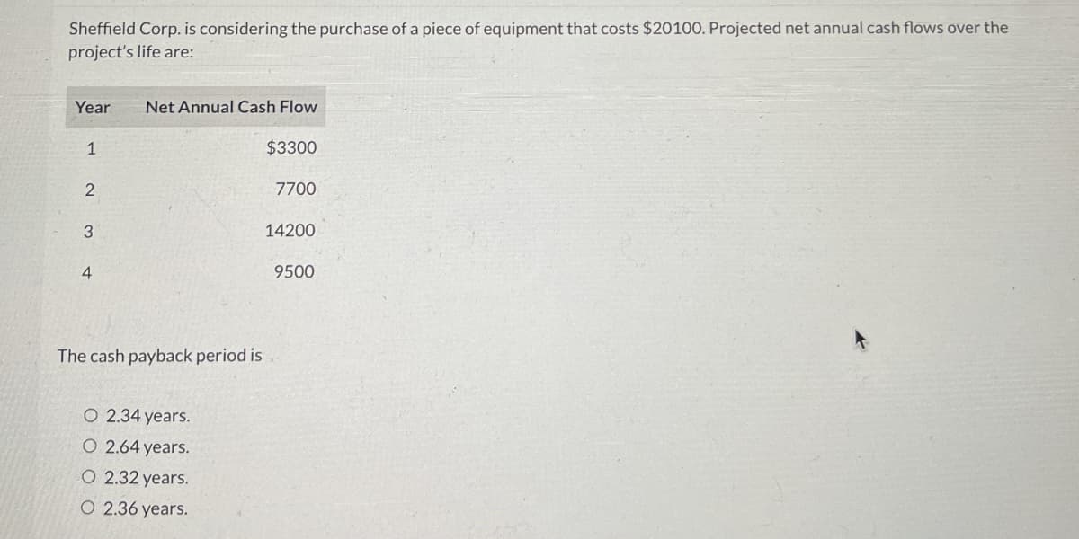 Sheffield Corp. is considering the purchase of a piece of equipment that costs $20100. Projected net annual cash flows over the
project's life are:
Year Net Annual Cash Flow
1
$3300
7700
2
14200
3
4
9500
The cash payback period is
O 2.34 years.
O 2.64 years.
O 2.32 years.
O 2.36 years.