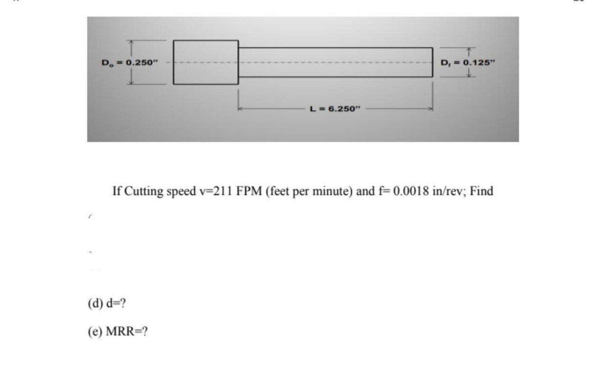 D. = 0.250"
D, = 0.125"
L= 6.250'"
If Cutting speed v=211 FPM (feet per minute) and f= 0.0018 in/rev; Find
(d) d=?
(e) MRR=?
