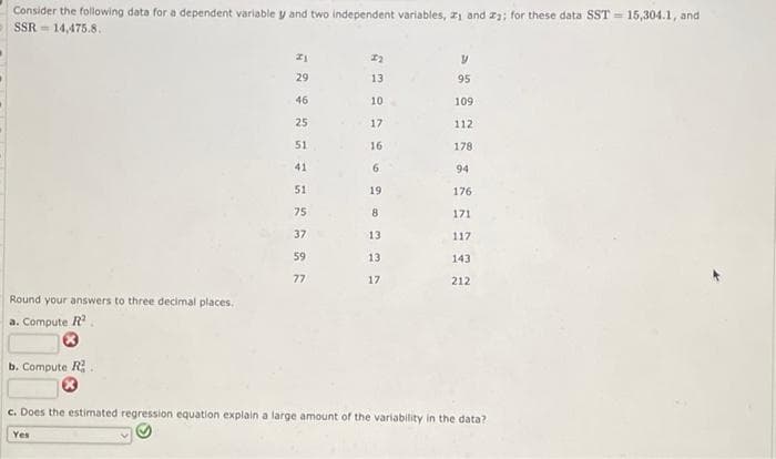 Consider the following data for a dependent variable y and two independent variables, z1 and z3: for these data SST = 15,304.1, and
SSR = 14,475.8.
29
13
95
46
10
109
25
17
112
51
16
178
41
6.
94
51
19
176
75
8
171
37
13
117
13
143
77
17
212
Round your answers to three decimal places.
a. Compute R
b. Compute R.
c. Does the estimated regression equation explain a large amount of the variability in the data?
Yes
