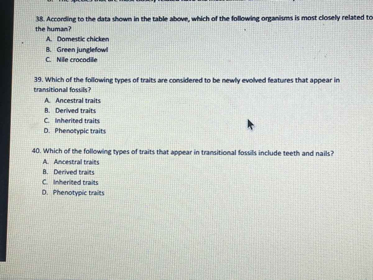 **Question 38: According to the data shown in the table above, which of the following organisms is most closely related to the human?**

A. Domestic chicken  
B. Green junglefowl  
C. Nile crocodile

---

**Question 39: Which of the following types of traits are considered to be newly evolved features that appear in transitional fossils?**

A. Ancestral traits  
B. Derived traits  
C. Inherited traits  
D. Phenotypic traits

---

**Question 40: Which of the following types of traits that appear in transitional fossils include teeth and nails?**

A. Ancestral traits  
B. Derived traits  
C. Inherited traits  
D. Phenotypic traits