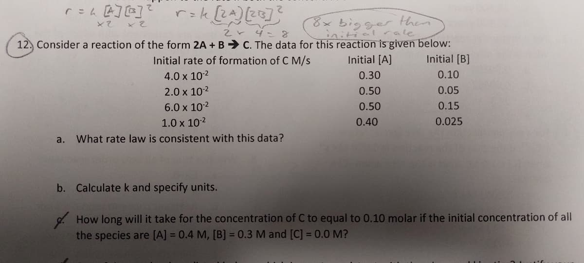 r = L [A] [B] ²
x2 x 2
r=k [2A) [21] ²
8x bigger than
2 + 4 = 8
12. Consider a reaction of the form 2A + BC. The data for this reaction is given below:
Initial rate of formation of C M/s
Initial [A]
Initial [B]
4.0 x 10-²
0.30
0.10
2.0 x 10-²
0.50
0.05
6.0 x 10-²
0.50
0.15
1.0 x 10-²
0.025
a. What rate law is consistent with this data?
0.40
b. Calculate k and specify units.
How long will it take for the concentration of C to equal to 0.10 molar if the initial concentration of all
the species are [A] = 0.4 M, [B] = 0.3 M and [C] = 0.0 M?