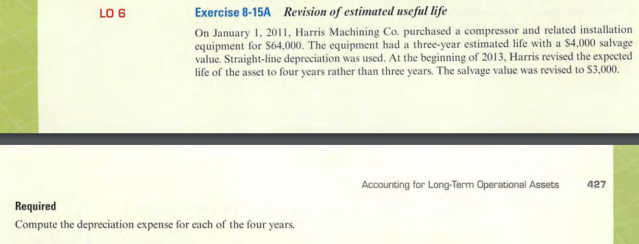 LO 6
Exercise 8-15A Revision of estimated useful life
On January 1, 2011, Harris Machining Co. purchased a compressor and related installation
equipment for $64,000. The equipment had a three-year estimated life with a $4,000 salvage
value. Straight-line depreciation was used. At the beginning of 2013, Harris revised the expected
life of the asset to four years rather than three years. The salvage value was revised to $3,000.
Required
Compute the depreciation expense for each of the four years.
Accounting for Long-Term Operational Assets
427