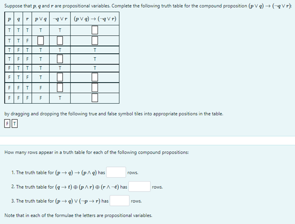 Suppose that p, q and r are propositional variables. Complete the following truth table for the compound proposition (pVg) → (→q Vr);
Pqrpvqqvr (pVg) → (qVr)
T
זזז
TTF
TFT T
T F F T
TELE
F T T
FTF
FFT
FFF F
Т
T
F
LL
T
0
T
0
T
T
T
T
T
by dragging and dropping the following true and false symbol tiles into appropriate positions in the table.
ET
How many rows appear in a truth table for each of the following compound propositions:
1. The truth table for (p→q) → (p^g) has
2. The truth table for (g → t) Ⓡ (p^r) Ⓡ (r^¬t) has
3. The truth table for (p→q) v (pr) has
Note that in each of the formulae the letters are propositional variables.
rows.
rows.
rows.