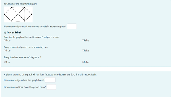a) Consider the following graph:
How many edges must we remove to obtain a spanning tree?
b) True or false?
Any simple graph with 4 vertices and 3 edges is a tree
OTrue
Every connected graph has a spanning tree
O True
Every tree has a vertex of degree < 1
Ofrue
OFalse
OFalse
OFalse
A planar drawing of a graph G has four faces, whose degrees are 3, 4, 5 and 8 respectively.
How many edges does the graph have?
How many vertices does the graph have?