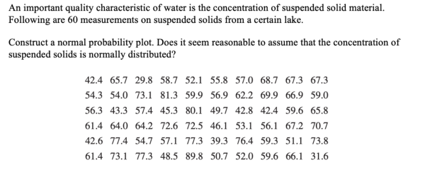 An important quality characteristic of water is the concentration of suspended solid material.
Following are 60 measurements on suspended solids from a certain lake.
Construct a normal probability plot. Does it seem reasonable to assume that the concentration of
suspended solids is normally distributed?
42.4 65.7 29.8 58.7 52.1 55.8 57.0 68.7 67.3 67.3
54.3 54.0 73.1 81.3 59.9 56.9 62.2 69.9 66.9 59.0
56.3 43.3 57.4 45.3 80.1 49.7 42.8 42.4 59.6 65.8
61.4 64.0 64.2 72.6 72.5 46.1 53.1 56.1 67.2 70.7
42.6 77.4 54.7 57.1 77.3 39.3 76.4 59.3 51.1 73.8
61.4 73.1 77.3 48.5 89.8 50.7 52.0 59.6 66.1 31.6
