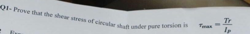 Q1- Prove that the shear stress of circular shaft under pure torsion is
Tr
%3D
Tmax
Ip
Ere
