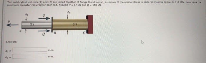 Two solid cylindrical rods (1) and (2) are joined together at flange B and loaded, as shown. If the normal stress in each rod must be limited to 111 MPa, determine the
minimum diameter required for each rod. Assume P= 67 kN and Q = 118 kN.
Answers:
d₁ =
d₂ =
18
B
mm.
mm.
(2)