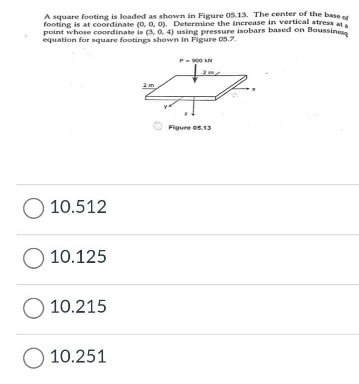 A square footing is loaded as shown in Figure 05.13. The center of the base of
footing is at coordinate (0, 0, 0). Determine the increase in vertical stress at a
point whose coordinate is (3, 0, 4) using pressure isobars based on Boussinesq
equation for square footings shown in Figure 05.7.
O
O
O 10.215
O
10.512
10.125
10.251
P = 900 KN
#7
2 m
Figure 05.13