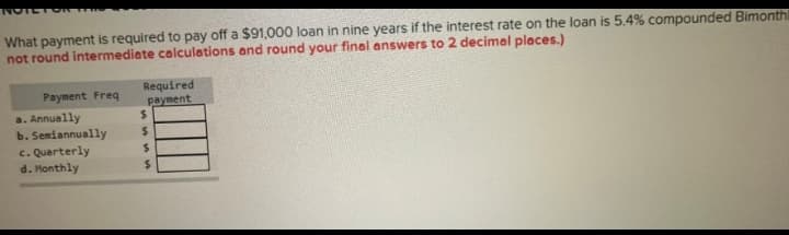 NOTETOR THE
What payment is required to pay off a $91,000 loan in nine years if the interest rate on the loan is 5.4% compounded Bimonthl
not round intermediate calculations and round your final answers to 2 decimal places.)
Payment Freq
Required
payment
a. Annually
$
b. Semiannually
$
c. Quarterly
$
d. Monthly
$