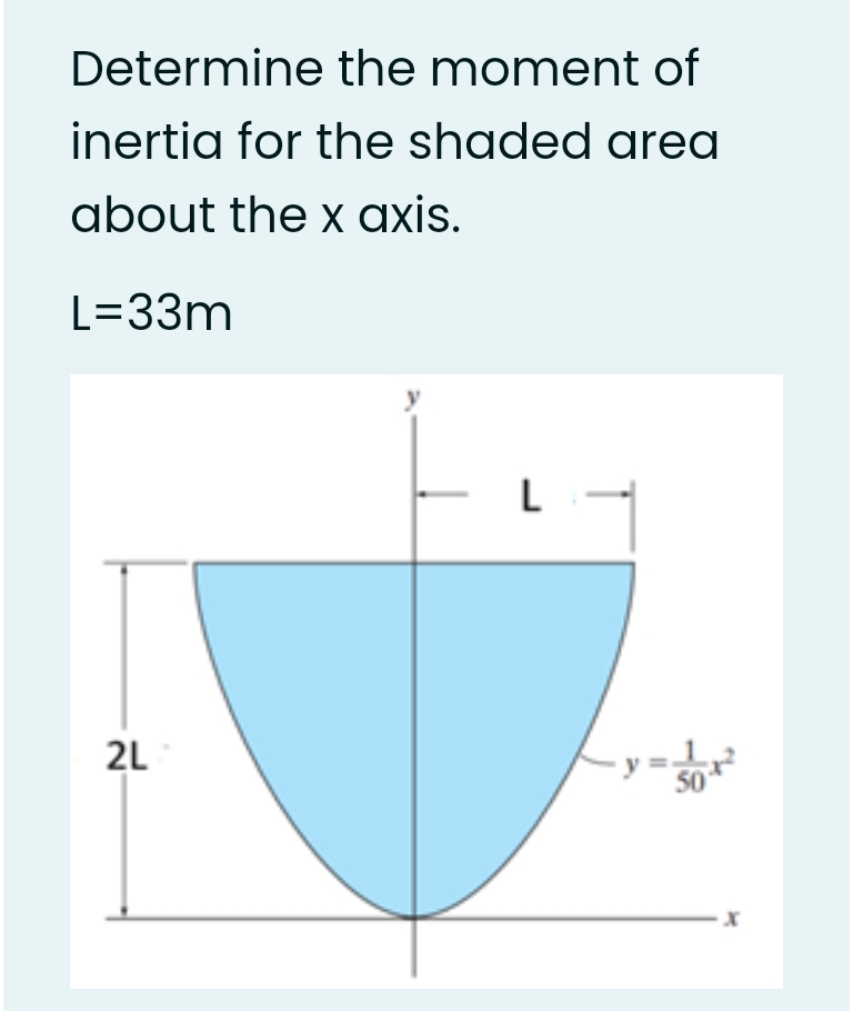 Determine the moment of
inertia for the shaded area
about the x axis.
L=33m
L
2L
50
