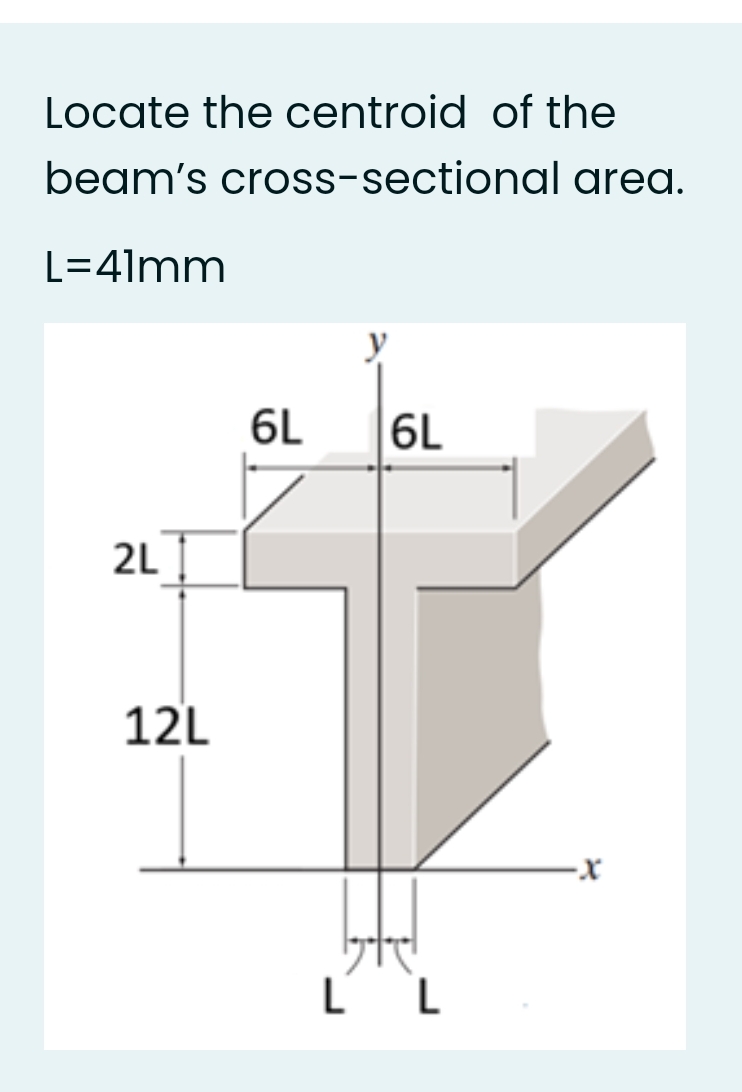 Locate the centroid of the
beam's cross-sectional area.
L=4lmm
6L
6L
2L
12L
