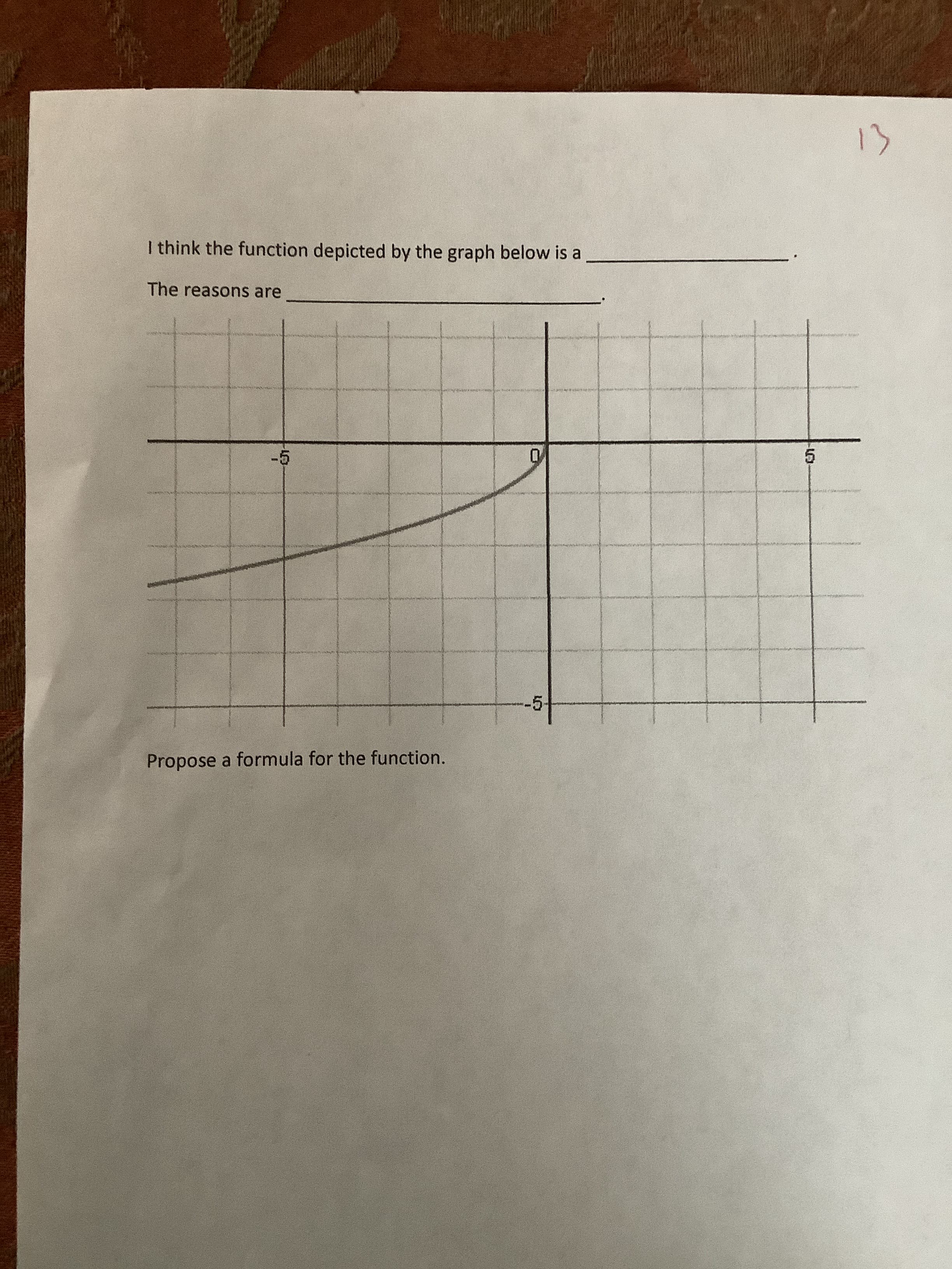 ### Educational Content on Functions and Graphs

#### Understanding Functions Through Graphs

**Activity: Identify the Function**

Observe the graph below and determine the type of function it represents:

![Graph]

**Graph Description:**
- The graph is plotted on a Cartesian plane with the x-axis and y-axis both ranging from -5 to 5.
- The plotted line starts in the third quadrant, rising and approaching the x-axis asymptotically as it moves toward the positive x-values, but never actually touching the x-axis.

**Fill-in-the-Blank Exercise:**
"I think the function depicted by the graph below is a _____________."

**Justification:**
"The reasons are ___________________________."

**Activity Instructions:**
1. Based on the behavior of the graph, identify the function type (e.g., exponential, logarithmic, etc.).
2. Provide reasoning for your identification. Consider aspects like the shape, asymptotes, and behavior in different quadrants.
3. **Propose a Formula:**
   - Suggest a possible formula for the depicted function. Try to match the characteristics observed in the graph.

This activity helps in developing skills to interpret and understand different types of functions and their graphical representations.

**Next Steps:**
- Discuss your answers with peers or your instructor.
- Verify the proposed formula by plotting it on graphing software or a graphing calculator to see if it matches the provided graph.

By engaging in this exercise, students will enhance their ability to draw connections between algebraic functions and their graphical behavior, which is an essential skill in algebra and calculus.