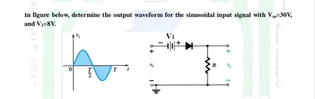 In figure below, determine the output waveform for the sinusoidal input signal with Vm=30V,
and Vi=8V.
Vi
R
