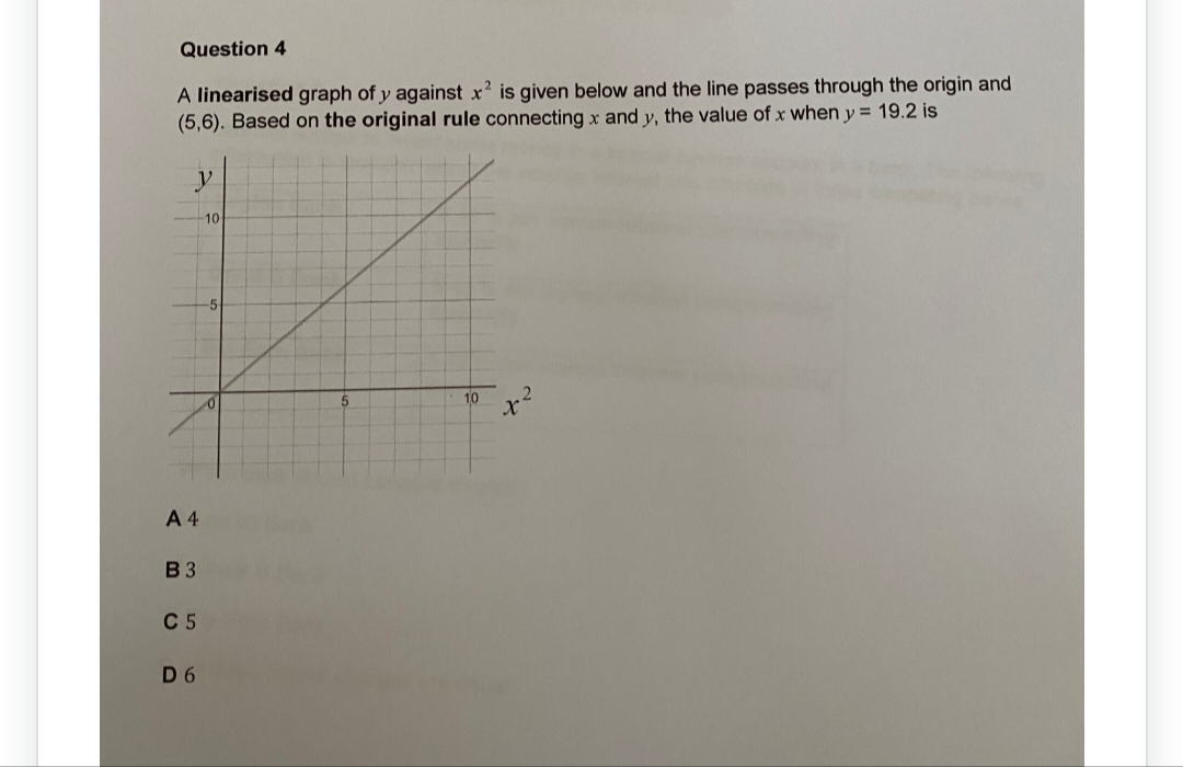 Question 4
A linearised graph of y against x² is given below and the line passes through the origin and
(5,6). Based on the original rule connecting x and y, the value of x when y = 19.2 is
y
A 4
B3
C 5
D6
10
5
10