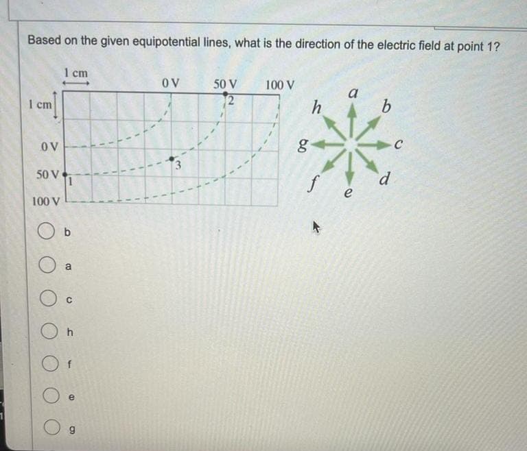 Based on the given equipotential lines, what is the direction of the electric field at point 1?
1 cm
OV
50 V
100 V
1 cm
1-
Ob
a
O
Oh
e
1
"
"
I
1
1
1
1
1
.
1
1
I
1
1
1
1
1
1.
"
OV
1
3
1
50 V
2
100 V
h
g
f
a
e
b
d
C