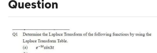 Question
Q1 Determine the Laplace Transform of the following functions by using the
Laplace Transform Table.
e-5t sin3t