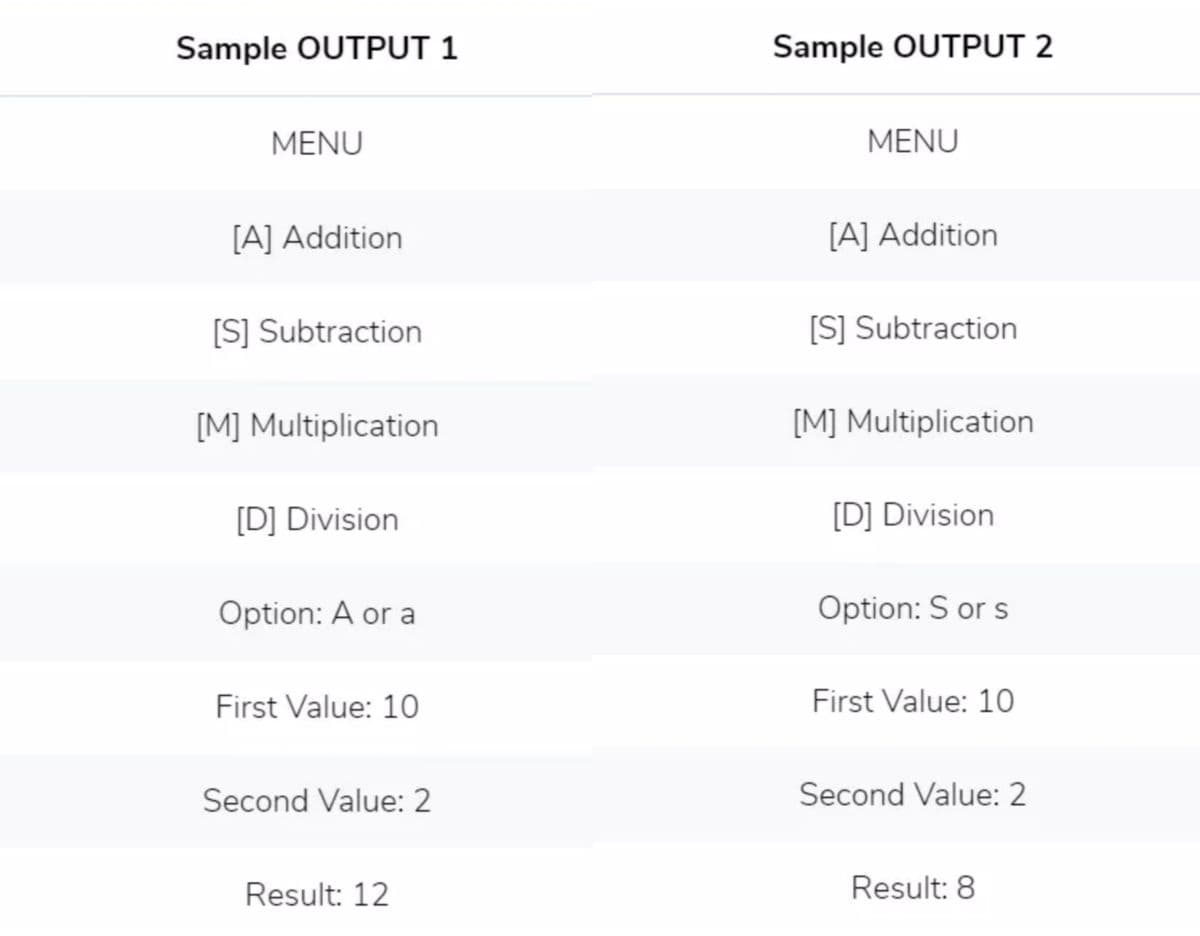 Sample OUTPUT 1
Sample OUTPUT 2
MENU
MENU
[A] Addition
[A] Addition
[S] Subtraction
[S] Subtraction
[M] Multiplication
[M] Multiplication
[D] Division
[D] Division
Option: A or a
Option: S or s
First Value: 10
First Value: 10
Second Value: 2
Second Value: 2
Result: 12
Result: 8
