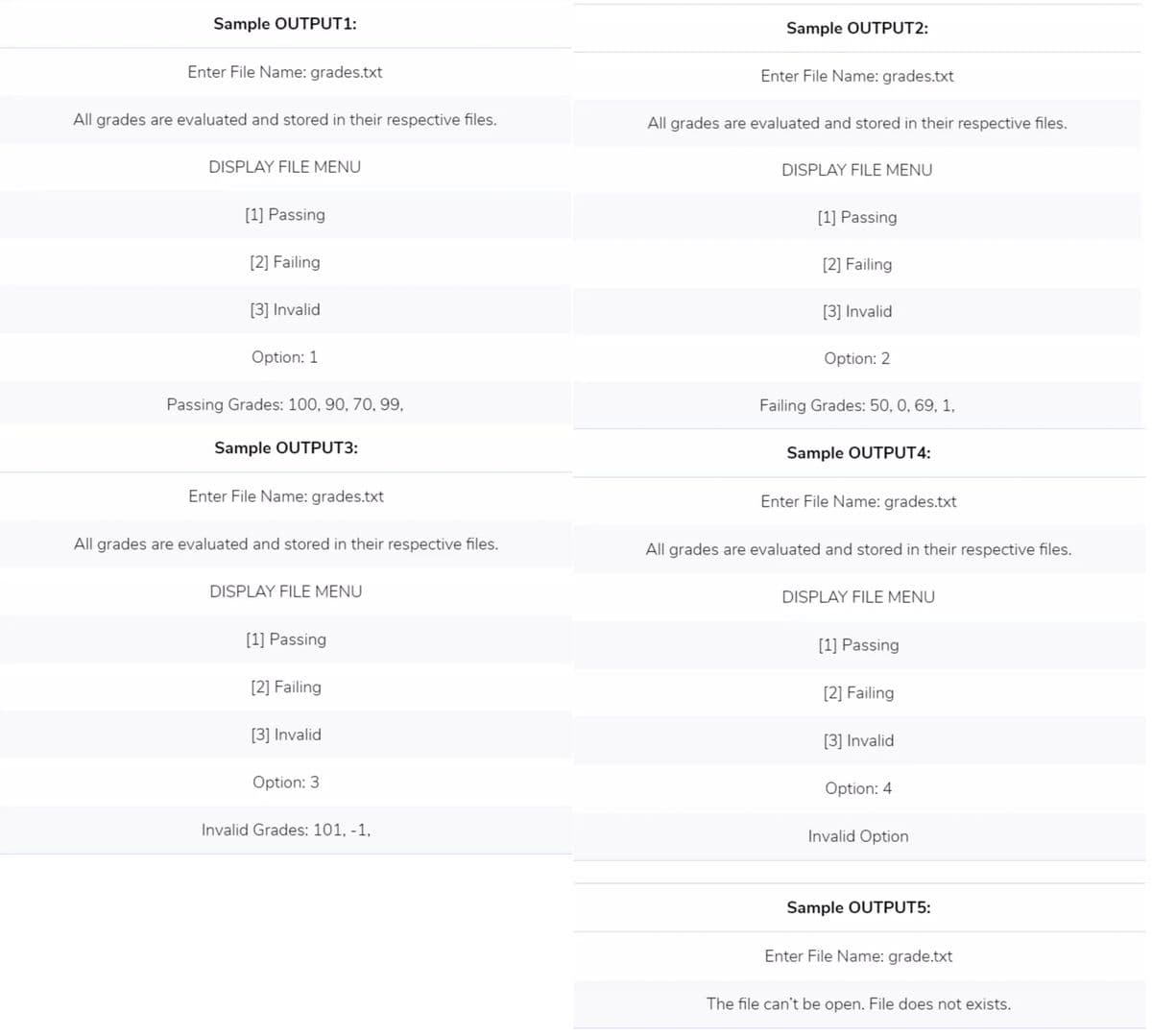 Sample OUTPUT1:
Sample OUTPUT2:
Enter File Name: grades.txt
Enter File Name: grades.txt
All grades are evaluated and stored in their respective files.
All grades are evaluated and stored in their respective files.
DISPLAY FILE MENU
DISPLAY FILE MENU
[1] Passing
[1] Passing
[2] Failing
[2] Failing
[3] Invalid
[3] Invalid
Option: 1
Option: 2
Passing Grades: 100, 90, 70, 99,
Failing Grades: 50, 0, 69, 1,
Sample OUTPUT3:
Sample OUTPUT4:
Enter File Name: grades.txt
Enter File Name: grades.txt
All grades are evaluated and stored in their respective files.
All grades are evaluated and stored in their respective files.
DISPLAY FILE MENU
DISPLAY FILE MENU
[1] Passing
[1] Passing
[2] Failing
[2] Failing
[3] Invalid
[3] Invalid
Option: 3
Option: 4
Invalid Grades: 101, -1,
Invalid Option
Sample OUTPUT5:
Enter File Name: grade.txt
The file can't be open. File does not exists.

