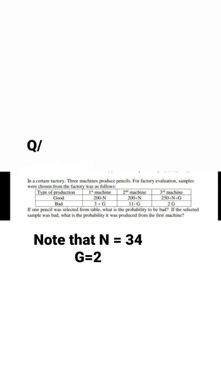 Q/
In a certain factory. Three machines produce pencils. For factory evaluation, samples
were chosen from the factory was as follows:
Type of production
2nd machine
1st machine
200-N
3+G
Good
Bad
200+N
3rd machine
250+N+G
2G
11- G
If one pencil was selected from table, what is the probability to be bad? If the selected
sample was bad, what is the probability it was produced from the first machine?
Note that N = 34
G=2