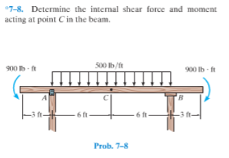 7-8. Determine the internal shear force and moment
acting at point Cin the beam.
900 lb - ft
500 Ib/ft
900 Ib - ft
A
61
-3 ft-
Prob. 7-8
